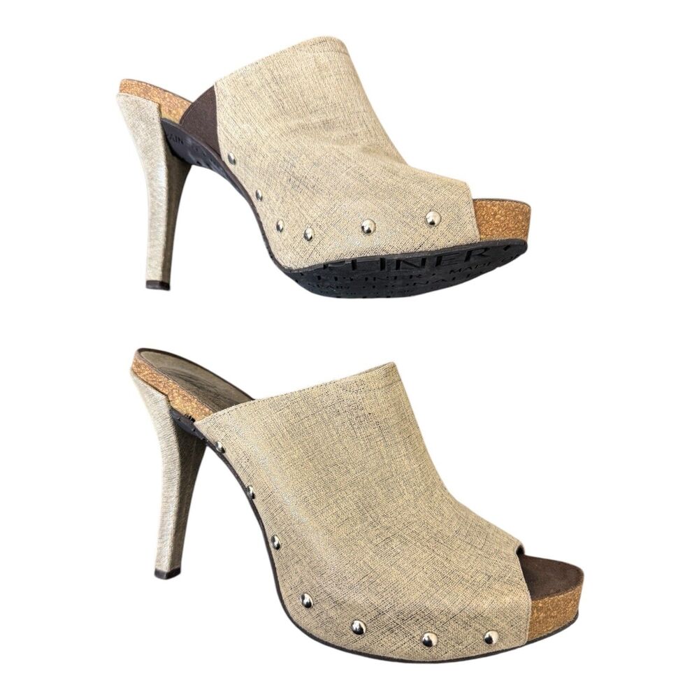 Donald J Pliner Heel Mules Sz 7.5 Ginet Studded Peep Toe Taupe Metallic Leather